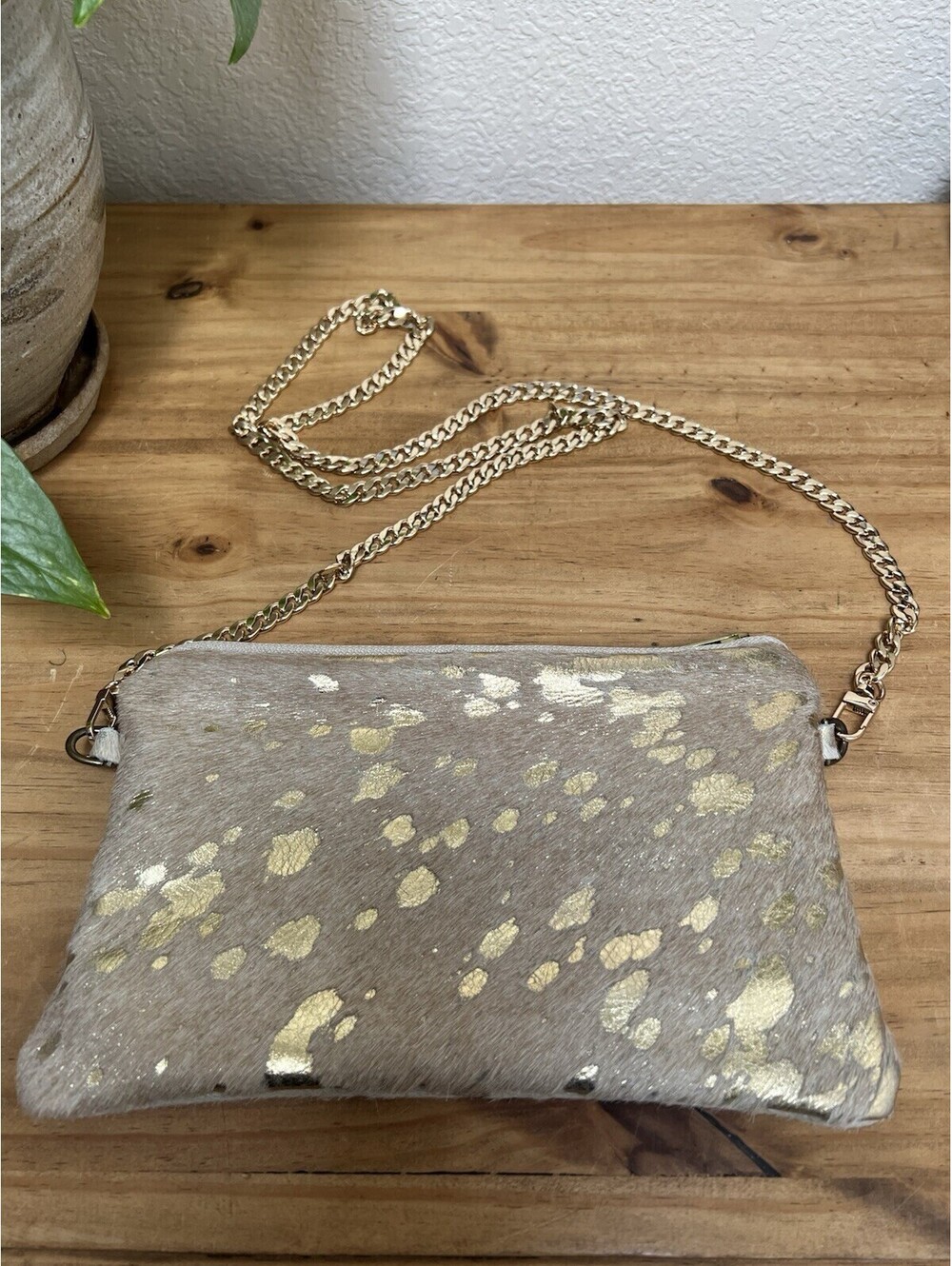 Parker & Hyde Brazilian Cowhide W/ Gold Wash W/ Gold Chain Strap Cross Body Bag